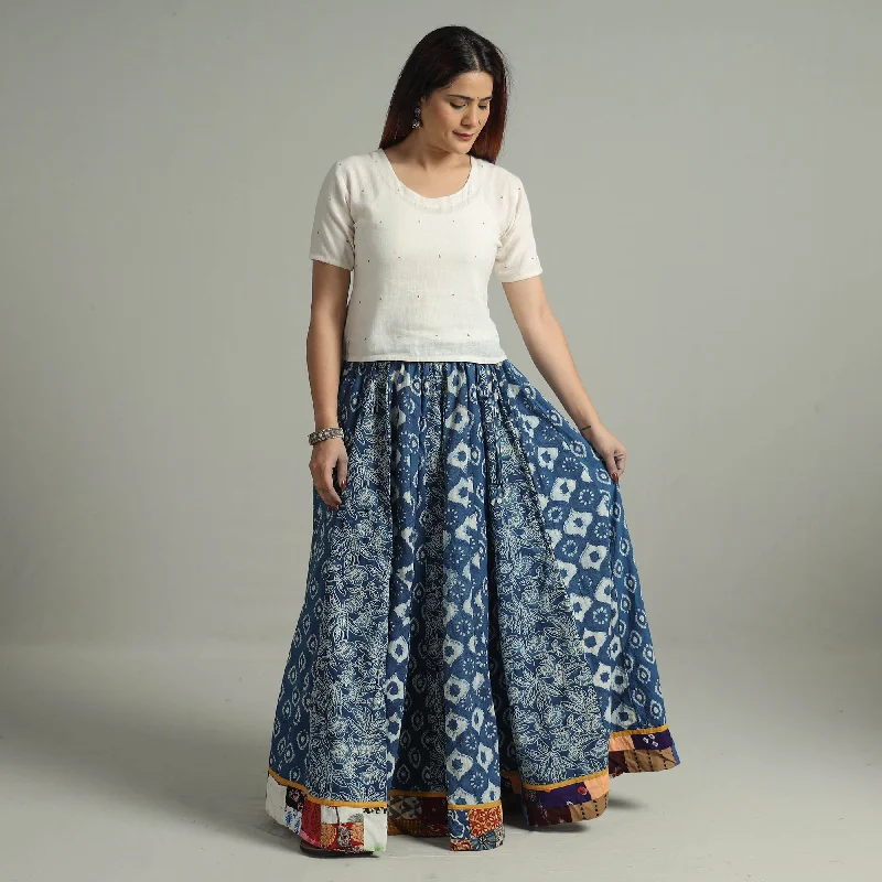 Blue - Indigo Block Printed 24 Kali Patchwork Cotton Long Skirt 24