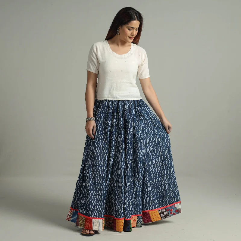 Blue - Indigo Block Printed 24 Kali Patchwork Cotton Long Skirt 27