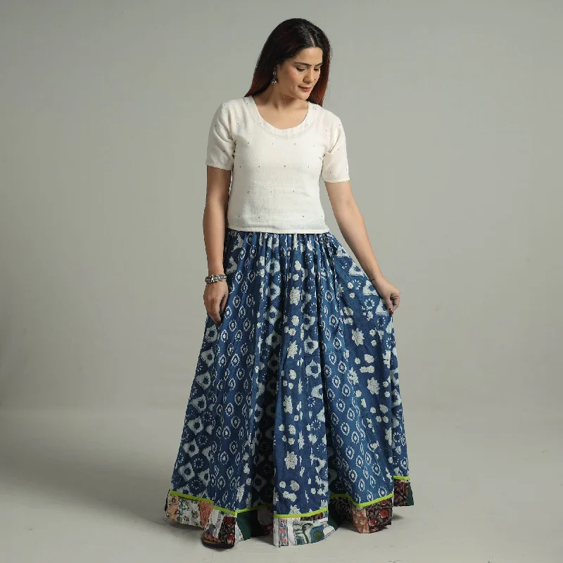 Blue - Indigo Block Printed 24 Kali Patchwork Cotton Long Skirt 28