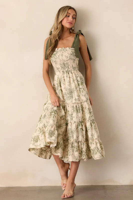 Wildflower Whisper 100% Cotton Ivory Green Floral Midi Dress